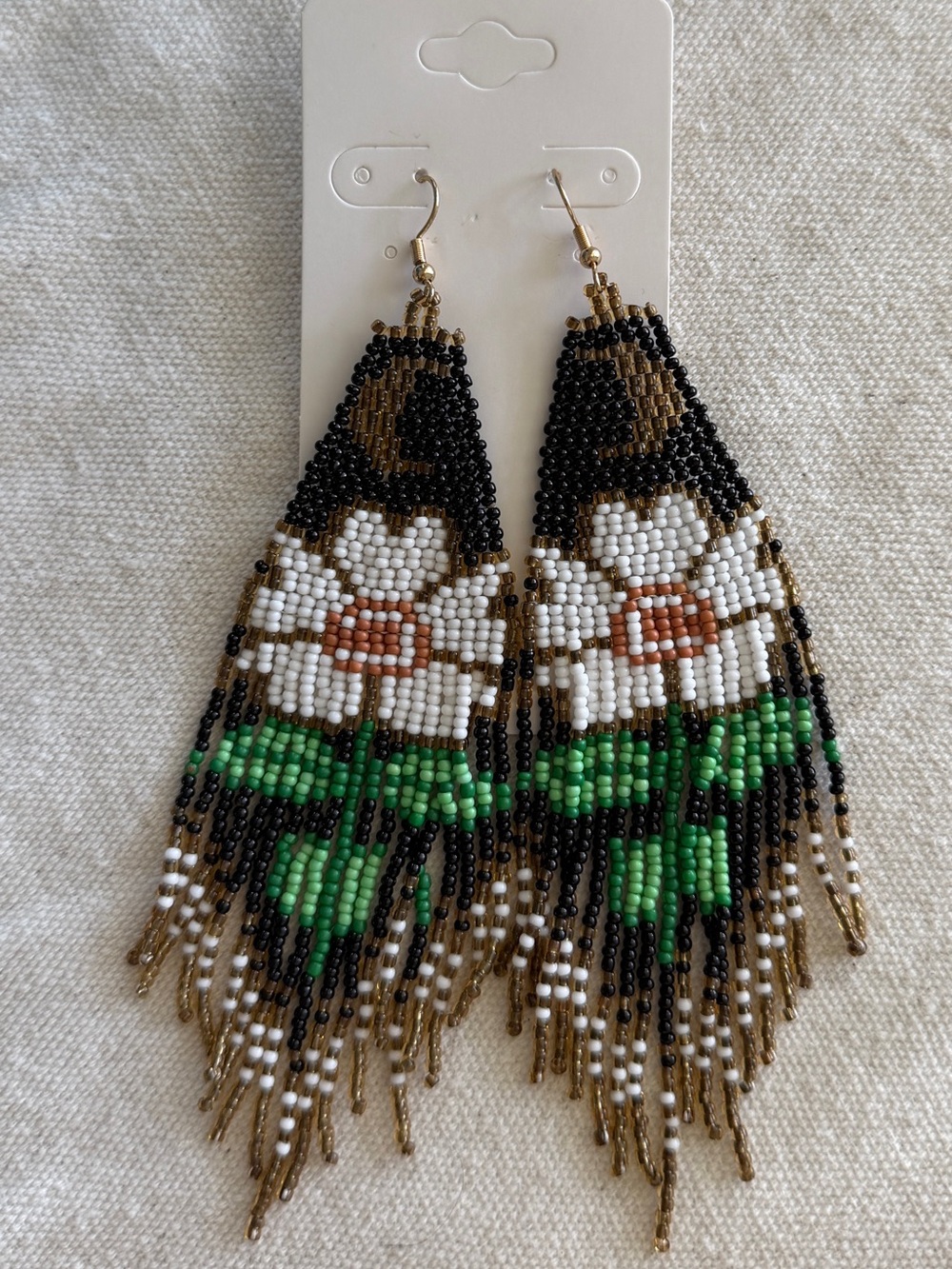 Handmade Beaded Floral Fringe Earrings - Black, White & Green